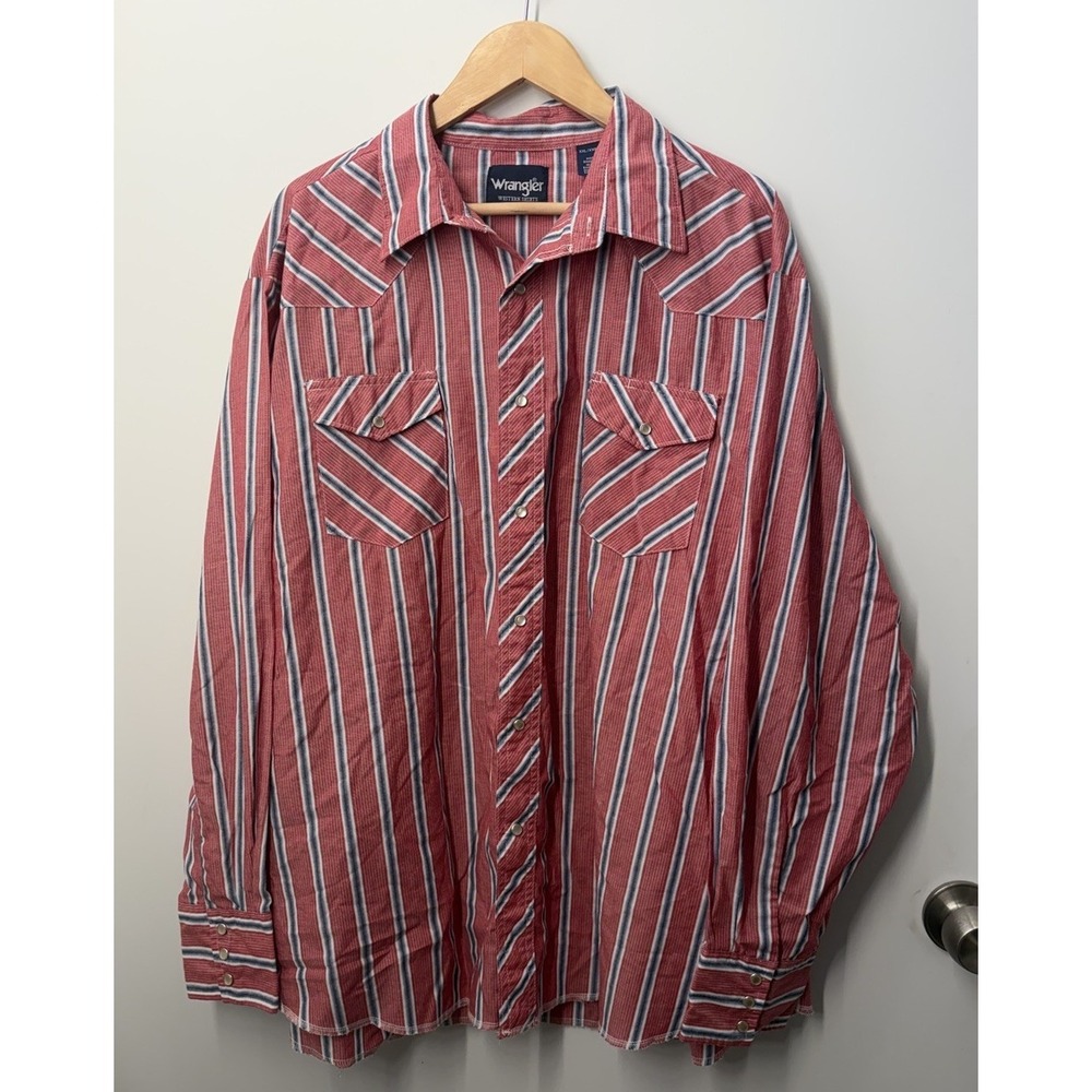 Vintage Western Wrangler Red Blue Striped Pearl Snap Shirt Men's Size XXL